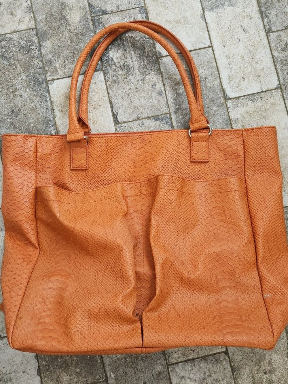 Neiman Marcus Large Orange Faux Snakeskin Leather Tote Bag